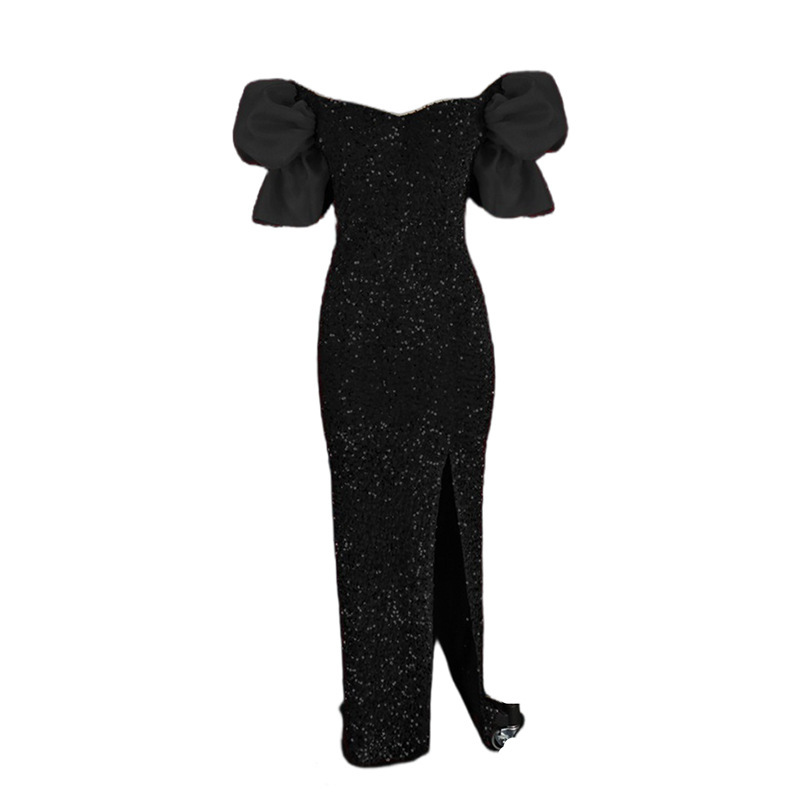 Maxct Evening Dress Retro Party Exaggerated Puff Sleeve Sequined Small Dress Split Hip Skirt Clothing