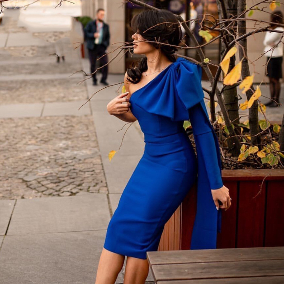 High-end Women's Rich And Golden Style Bandage Dress Three-dimensional Big Bow Shoulder Waisted Dinner Cocktail Dress