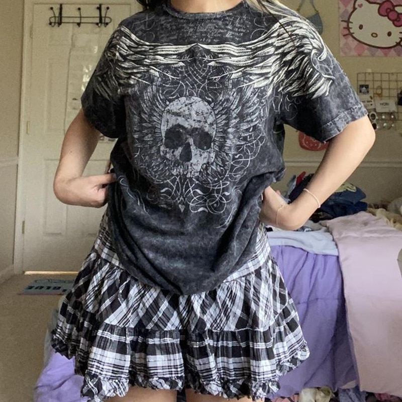 2000s Retro Dark Academia T Shirt Y2K Skulls Wings Graphic Print Tops Summer Short Sleeve Harajuku Tees Mall Goth Clothes