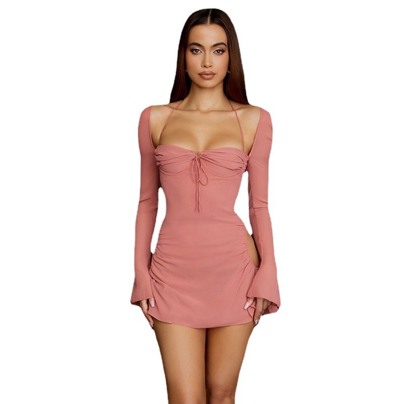 Maxct outfit inspo 6431 Autumn Long Sleeve Solid Color Inner High Waist Square Collar Short Skirt Wrapped Chest Elegant Commuter Waist-Tight Dress