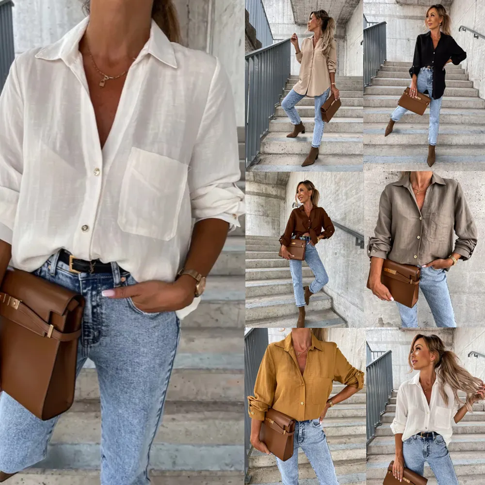 Maxct fashion outfits Autumn Simple Solid Color Sleeve V-neck Button Lapel Shirt for Women