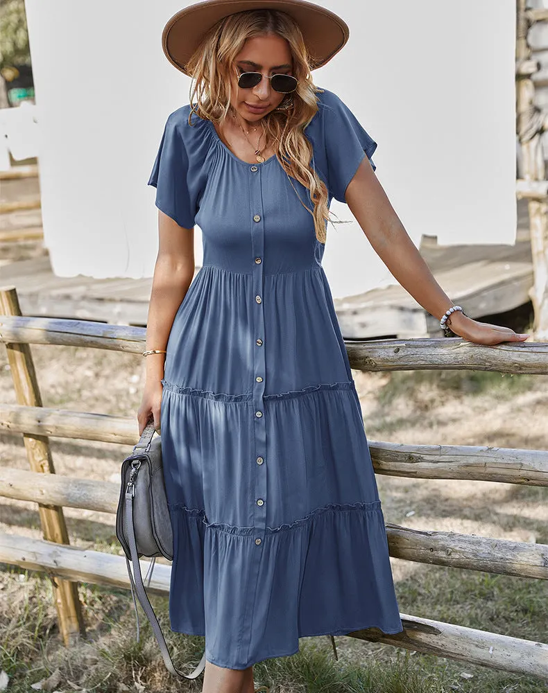 Button Up Frill Trim Dress Maxct