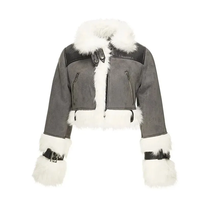 Maxct Artificial Leather Jacket Women Lapel Winter Coat Vintage Female Fleece Warm Thick Chic Tops
