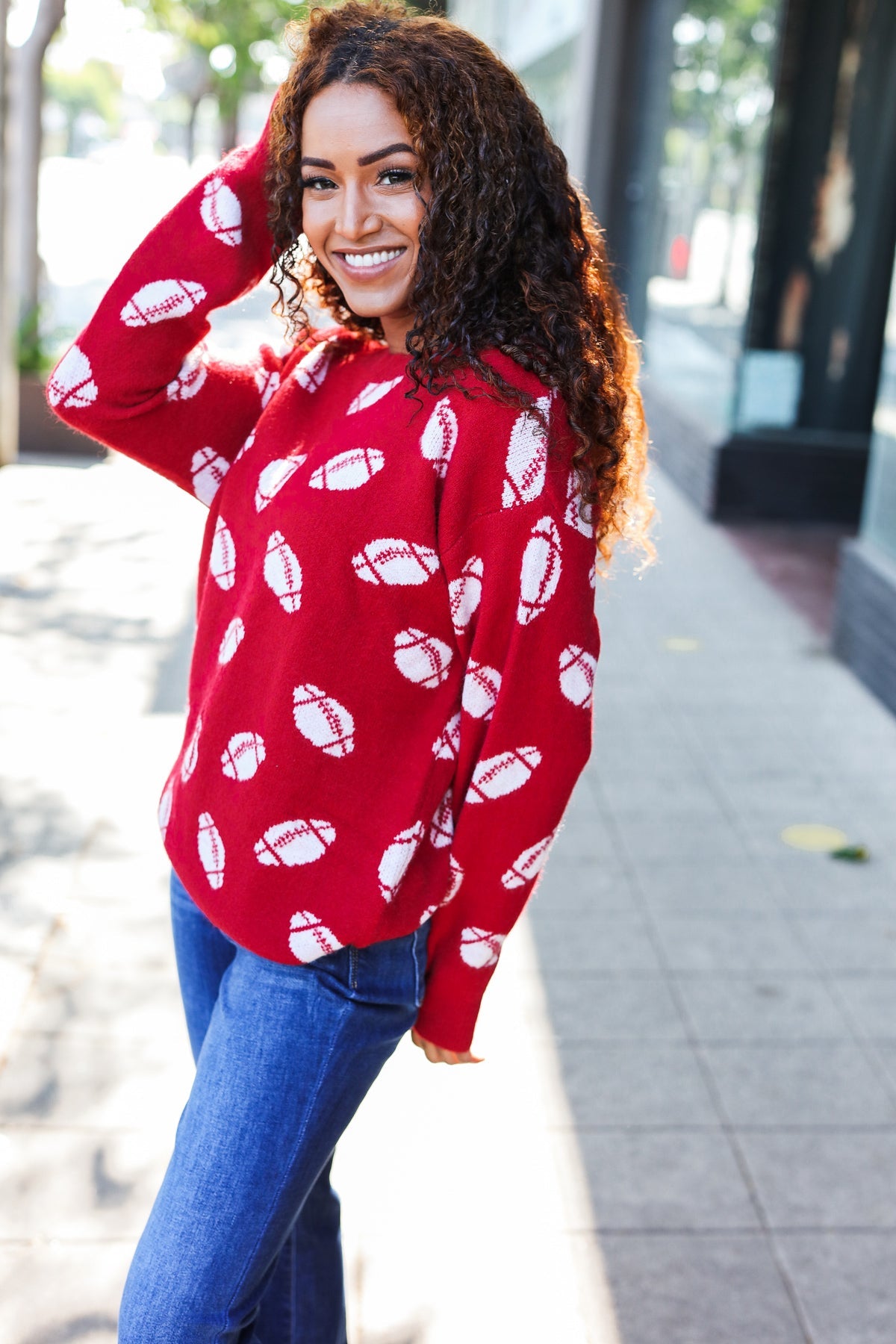 Maxct &Game Day Red Football Print Jacquard Knit Sweater