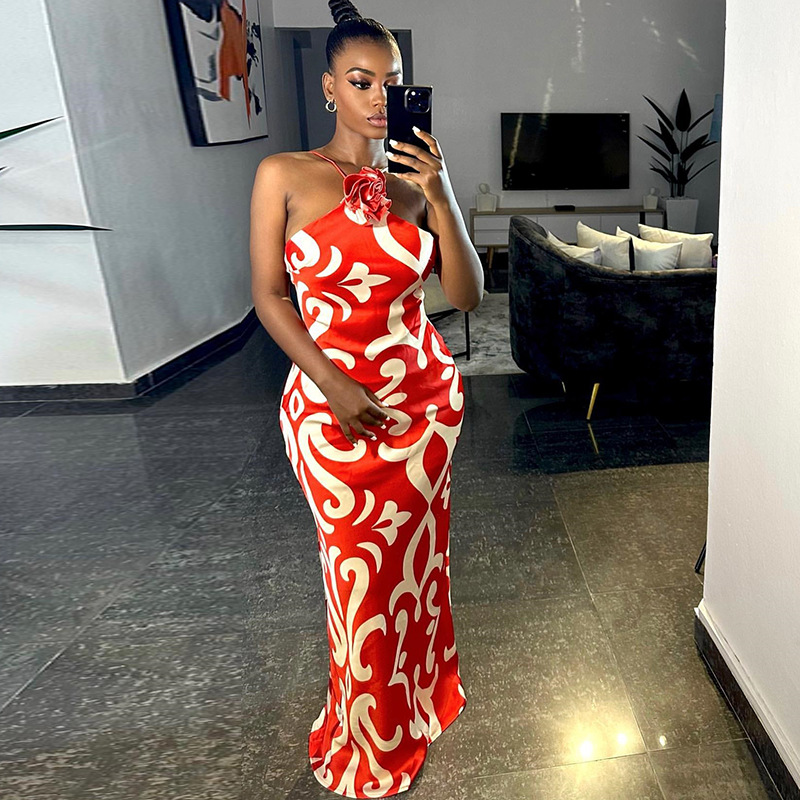 Maxct Fashionable Printed Sexy Sleeveless Halter Three-Dimensional Flower Decoration Sheath Dress Trendy Women