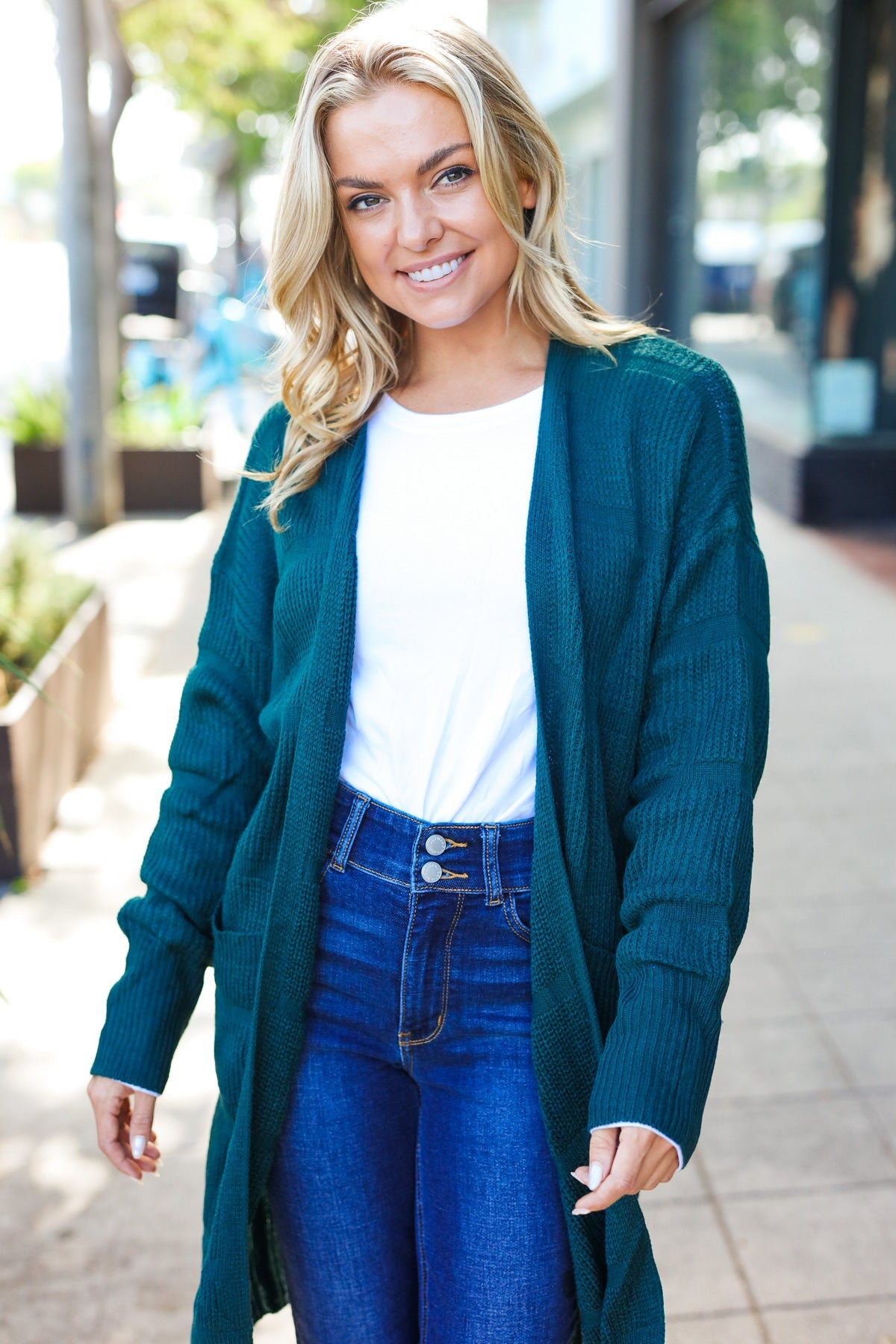 Maxct &Everyday Hunter Green Striped Knit Open Cardigan