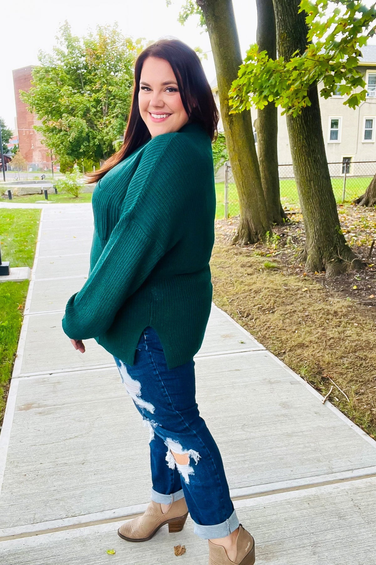 Maxct &Classy Chic Hunter Green Mock Neck Chest Pocket Knit Sweater