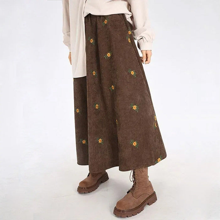 Floral Embroidery Corduroy Skirt Maxct