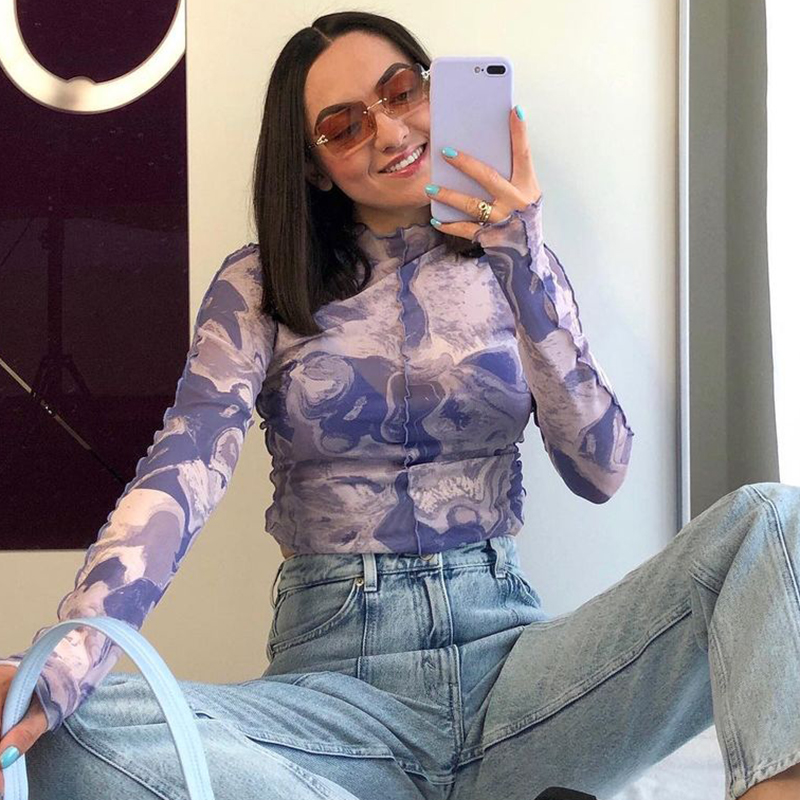 Gothic Black Pachtwork Mesh Sheer T-shirt Graphic 90s Vintage Women Long Sleeve Slim Fit Crop Top Harajuku Streetwear