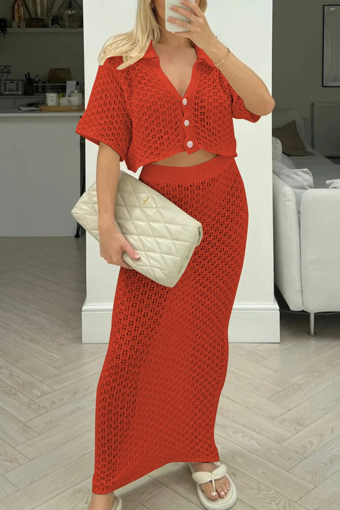 Maxct Hollow Out Crochet Blouses Midi Skirt Suits