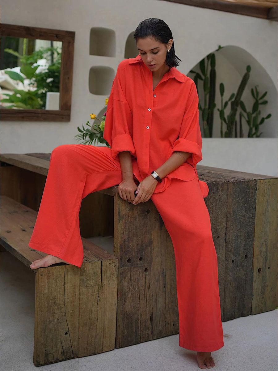 White Casual Cotton Linen Trousers Suit Women's Loose Long Sleeve Shirt Top Elastic Waist Pants Female Outfits Autumn New