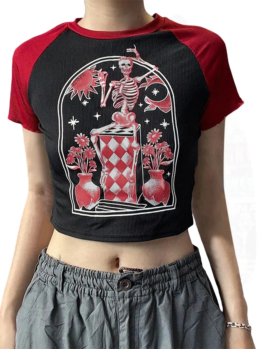 Maxct Punk Style Hip Hop Crop Top Harajuku Skeleton Graphic T-shirt Gothic Grunge Hollow Out Tees Women Vintage Clothes