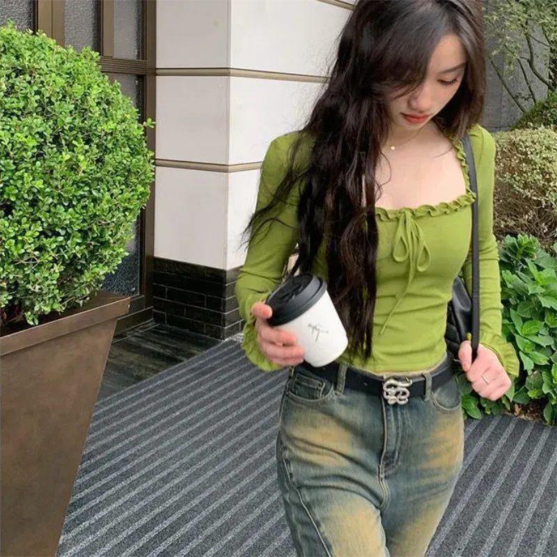 Maxct Square Neck Pleated Sexy Tops Casual Autumn Slim Long Sleeved T-shirt for Women's Ins Fashion Crop Top
