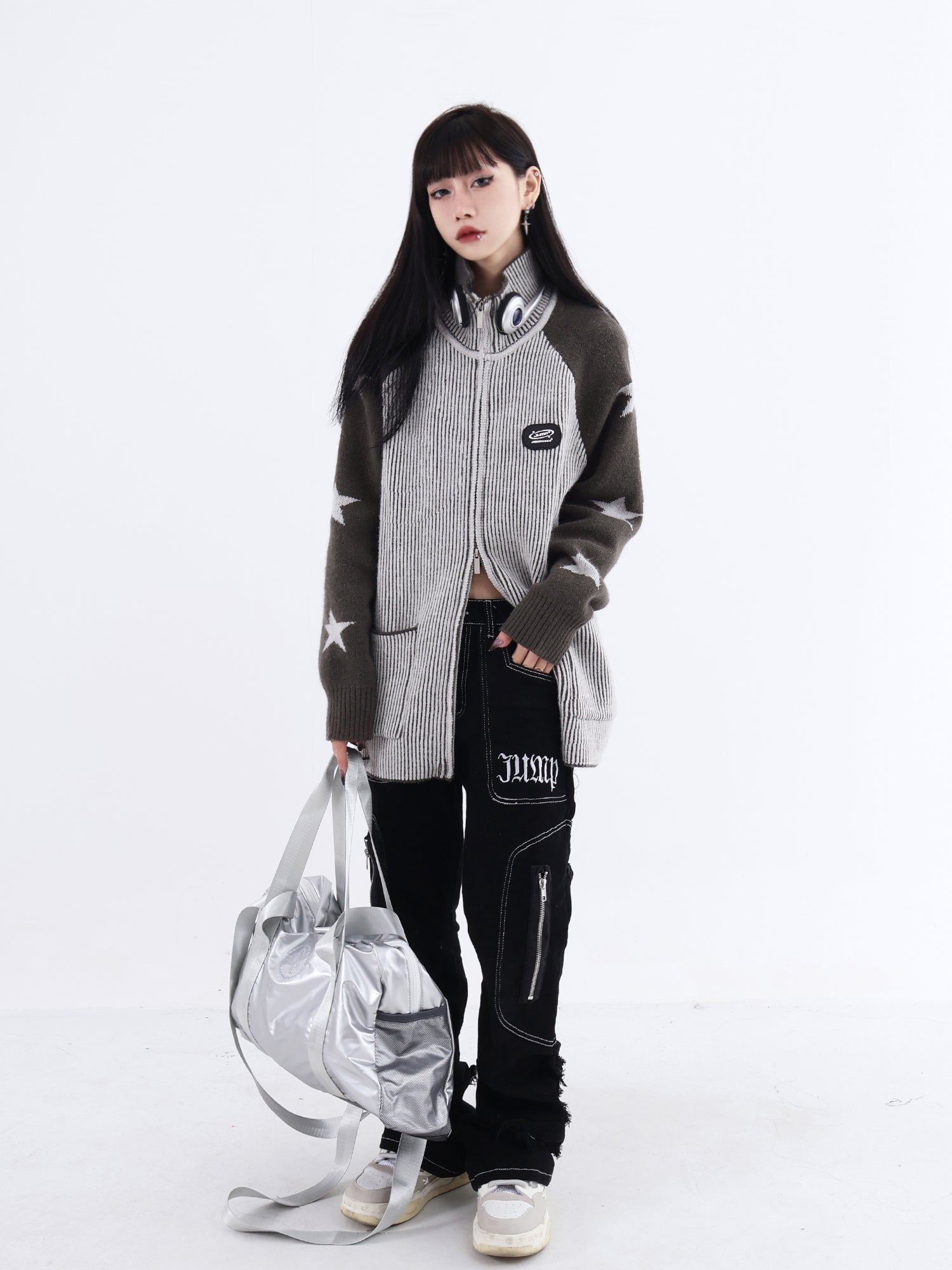 Maxct Knit Star Print Loose High Neck Cardigan