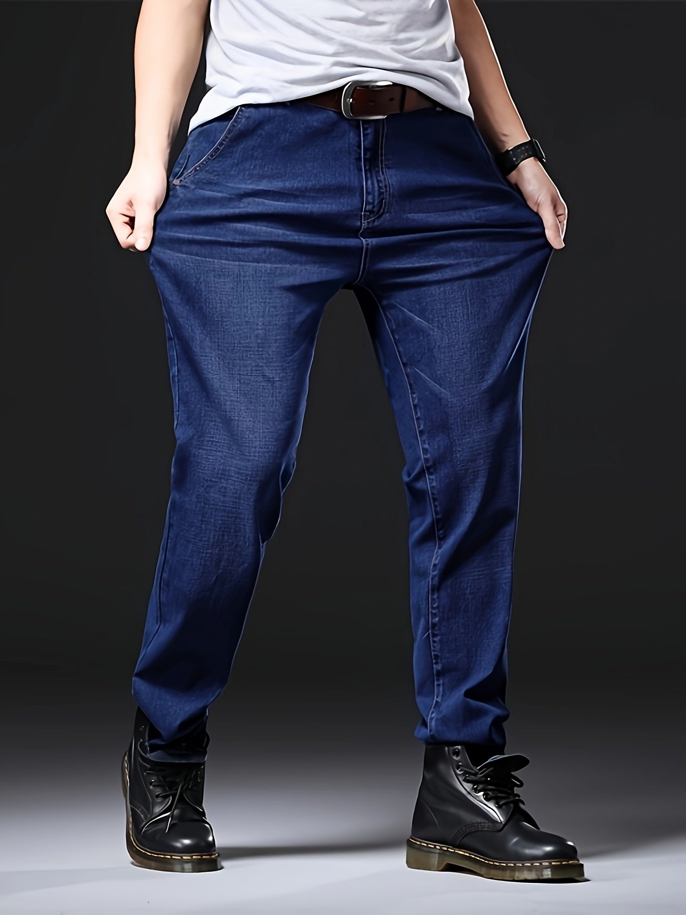 Plus Size Stretch Jeans, Men's Loose Straight Leg Denim Trousers
