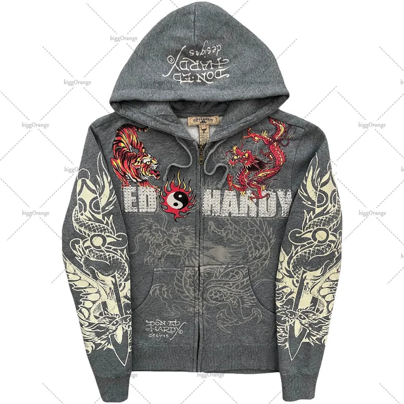 Maxct Y2K American Harajuku Retro Printed Zipper Hoodie Men New Street Pop Hip-Hop Sweatshirt Gothic Loose Punk Top Clothing Tide