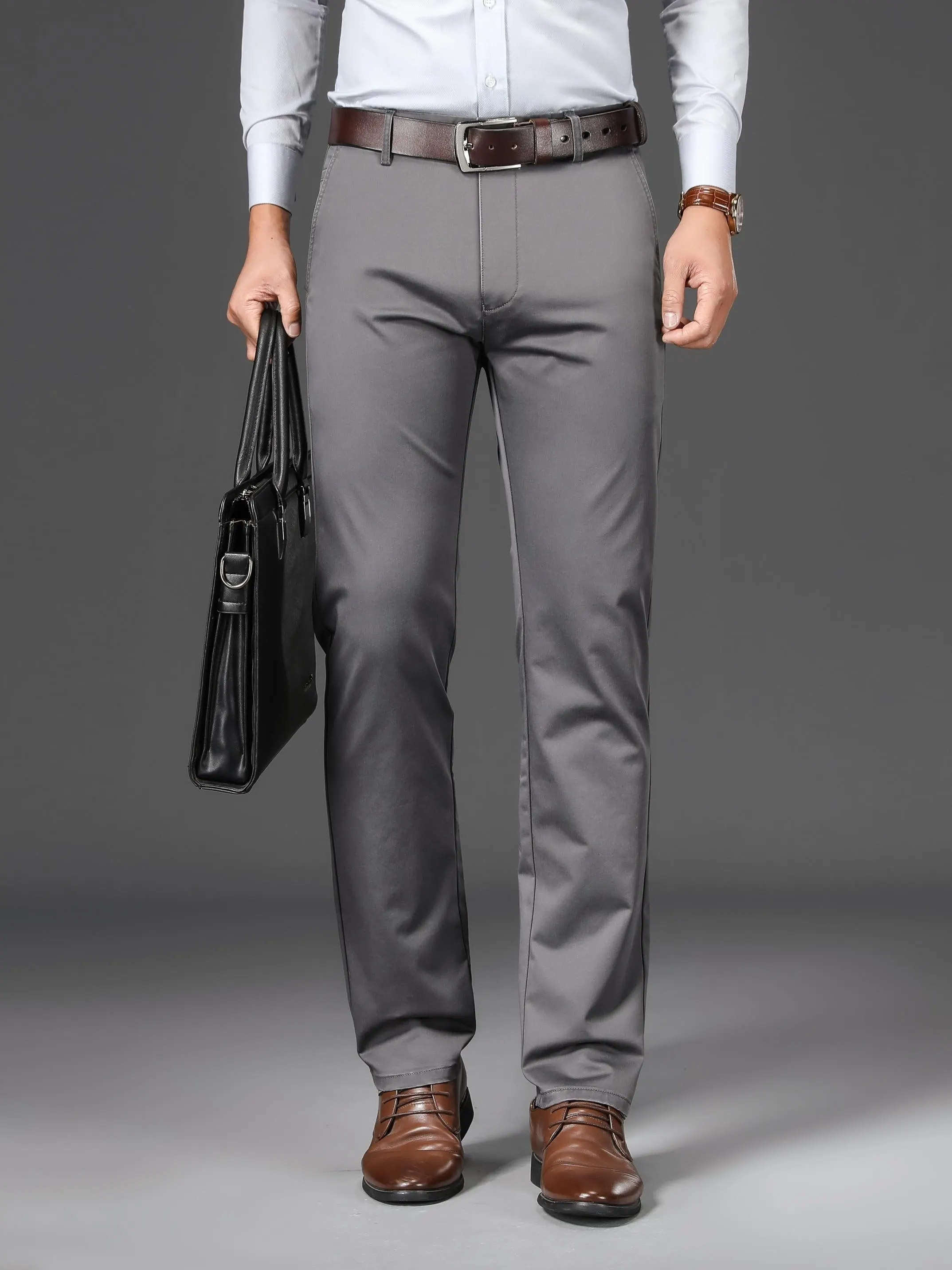 Maxct Classic Design Dress Pants, Men's Semi-formal Embroidery Stretch Dress Pants For Fall Winter Business