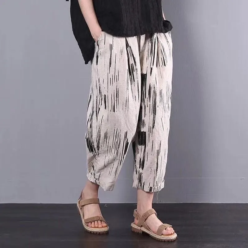 Casual Cotton Linen Striped Wide Leg Harem Pants