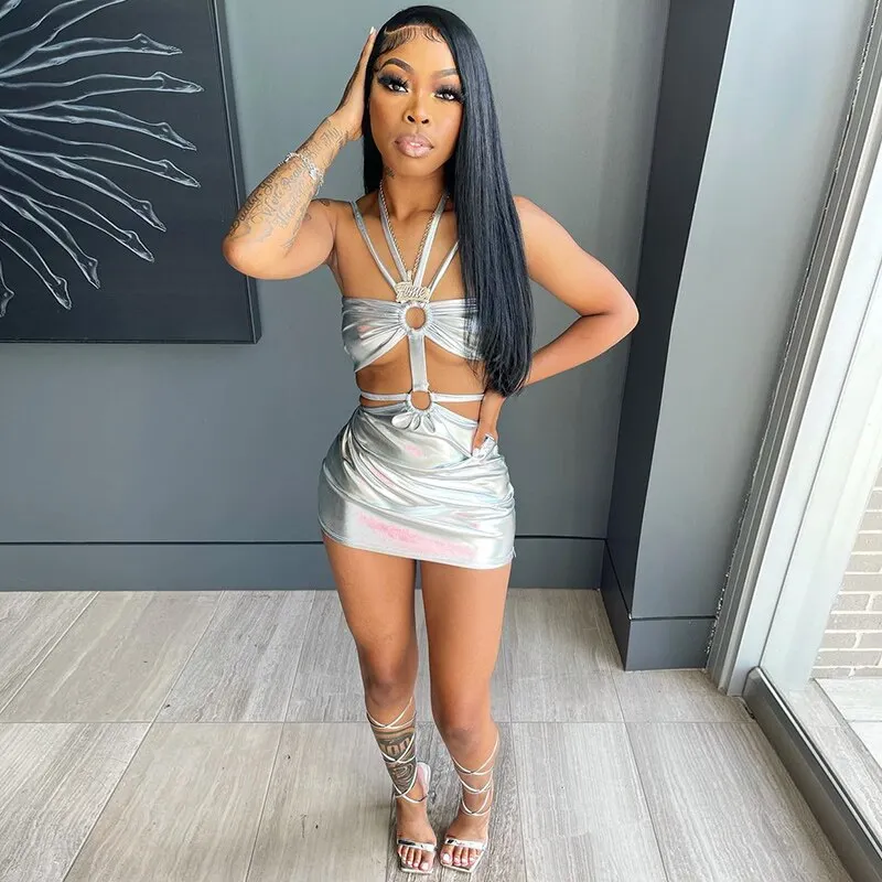 Voguable  Solid Sleeveless Bodycon Halter Hollow Out Mini Dress  Streetwear Outfits Y2K Maxct