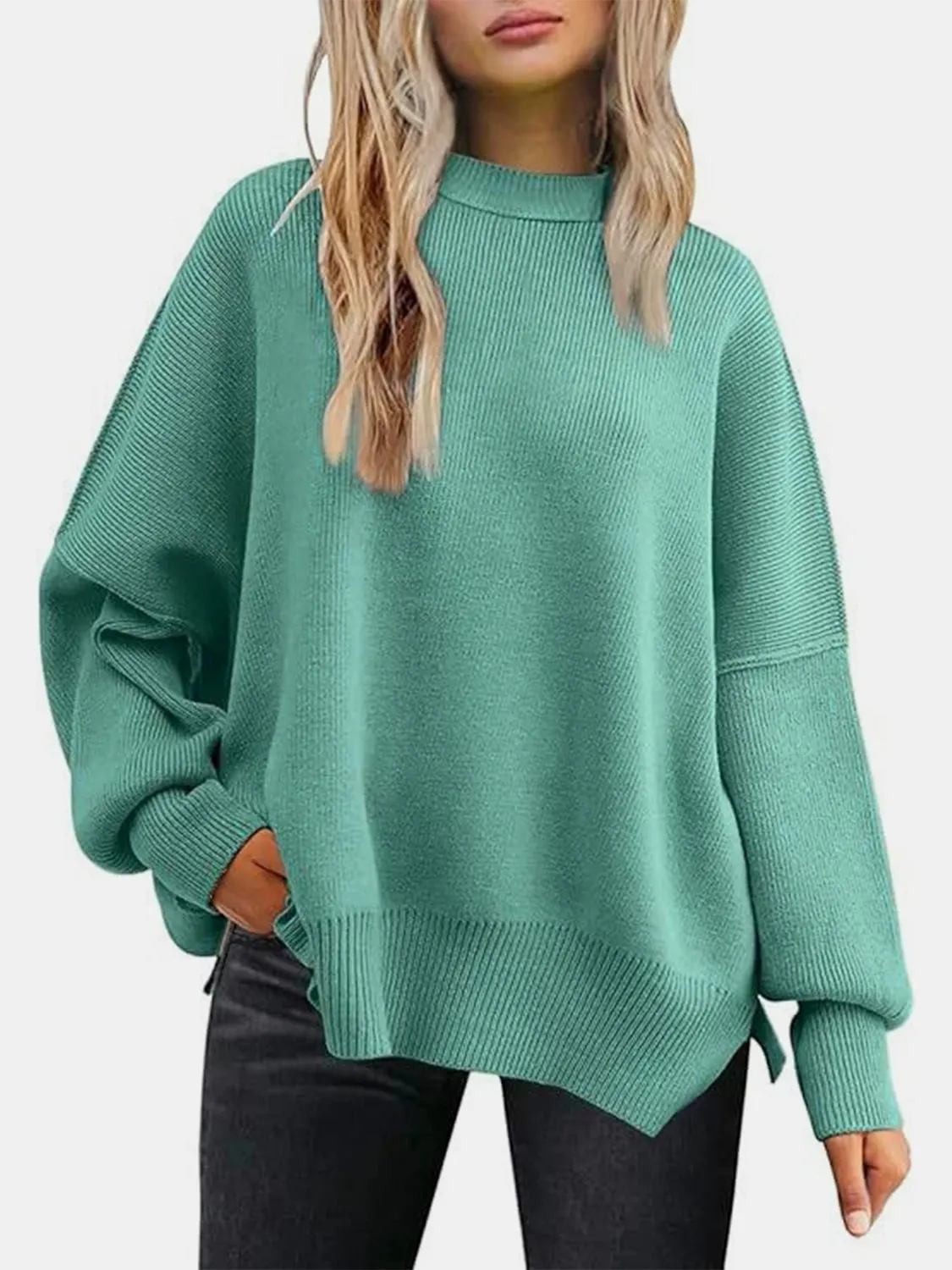 Maxct &Round Neck Drop Shoulder Slit Sweater