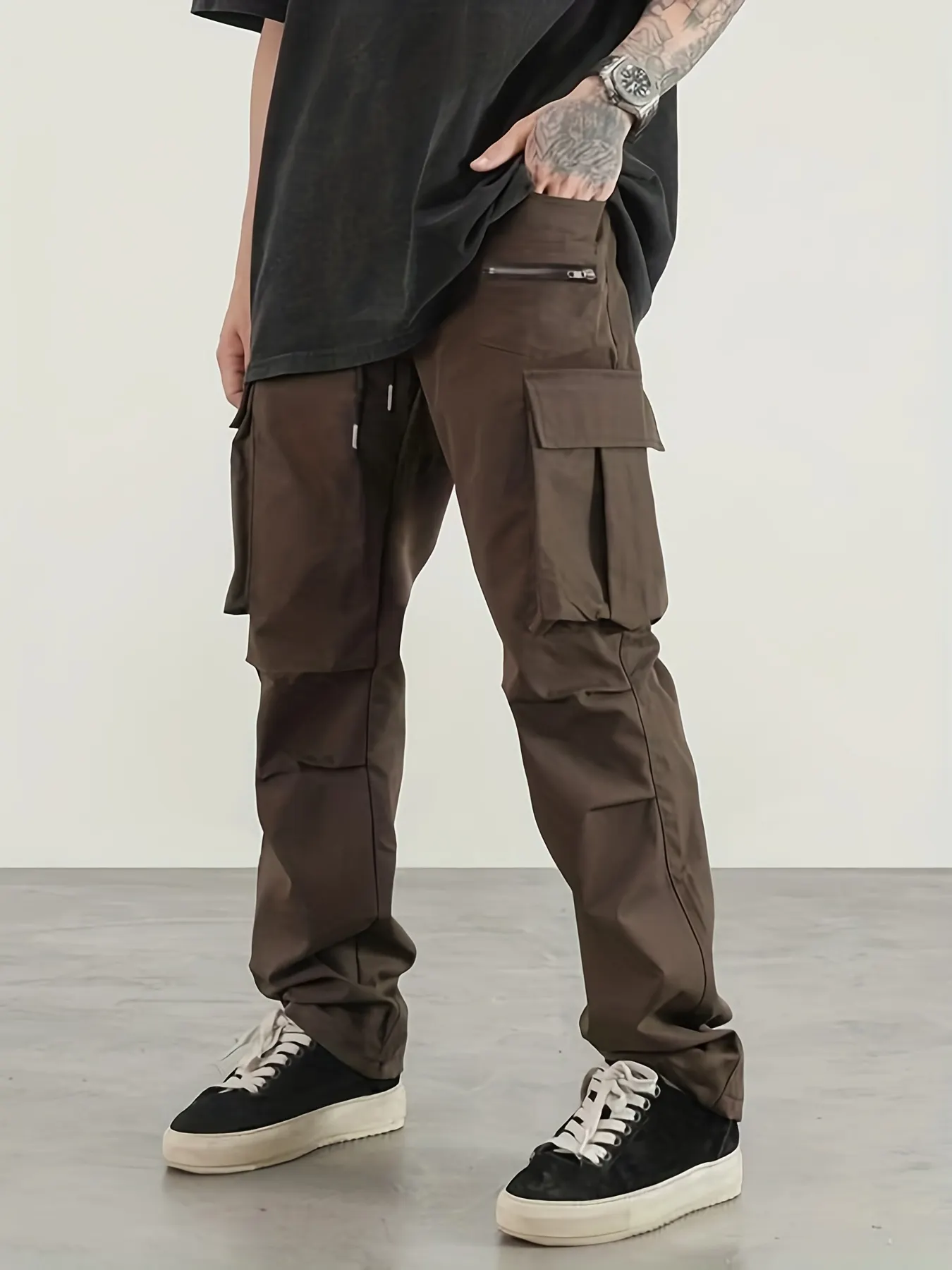 Men's Casual Cargo Pants, Regular Multi Pocket Waist Drawstring Work Pants For Outdoor Activities