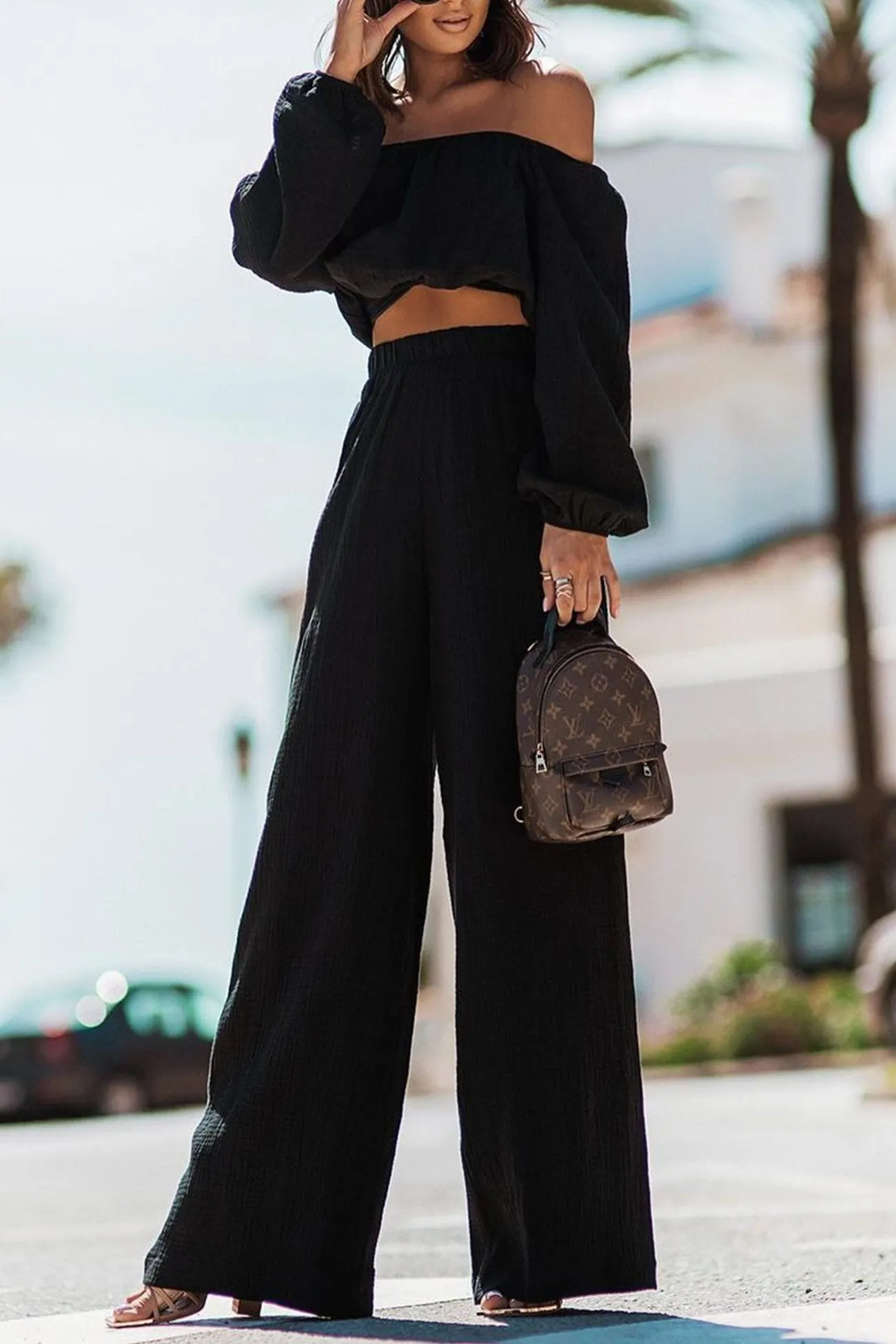 Maxct Off-shoulder Crop Top Wide Leg Long Pants Suits