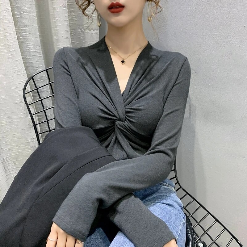 Maxct High Stretchy Tee Women's Full Sleeve Criss-Cross V-neck Tshirt Soft Sheath T-shirts Tops for Female