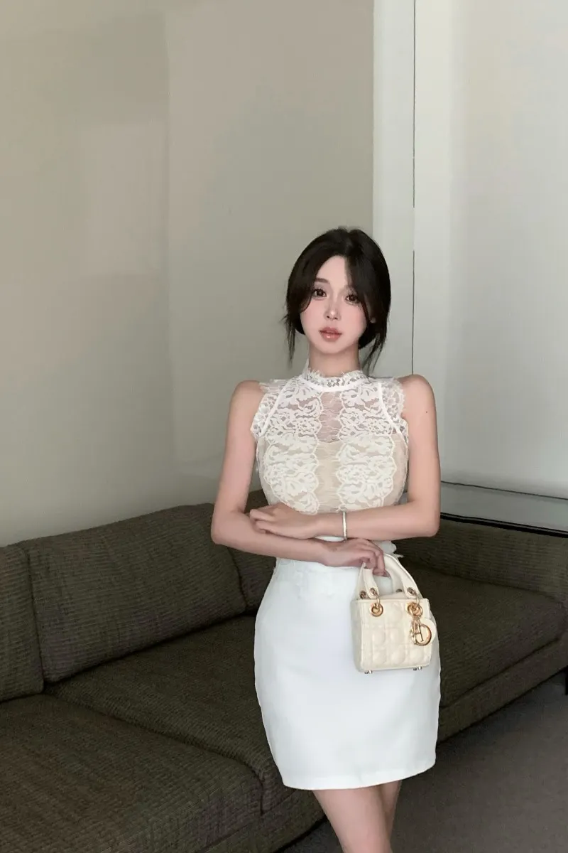 Maxct Spicy Girl Lace Stitching Dress Women Summer White Temperament Waist Sleeveless Wrap Hip Short Dress Fashion Lady Clothes
