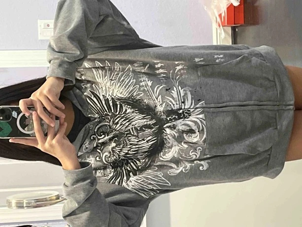 Zipper cardigan hooded European and American style Y2K retro loose version personalized street eagle print women's sweatshirt