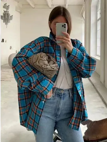 Maxct Retro Lapels Lattice Loose Shirt For Women Single-Breasted Long Sleeves Stripe Summer New Casual Versatile Pocket Shirt