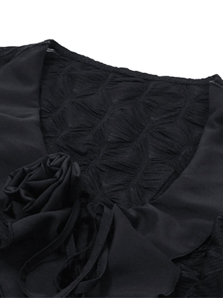 Maxct Tie Front Ruffles Flower Trim Long Sleeves Blouse