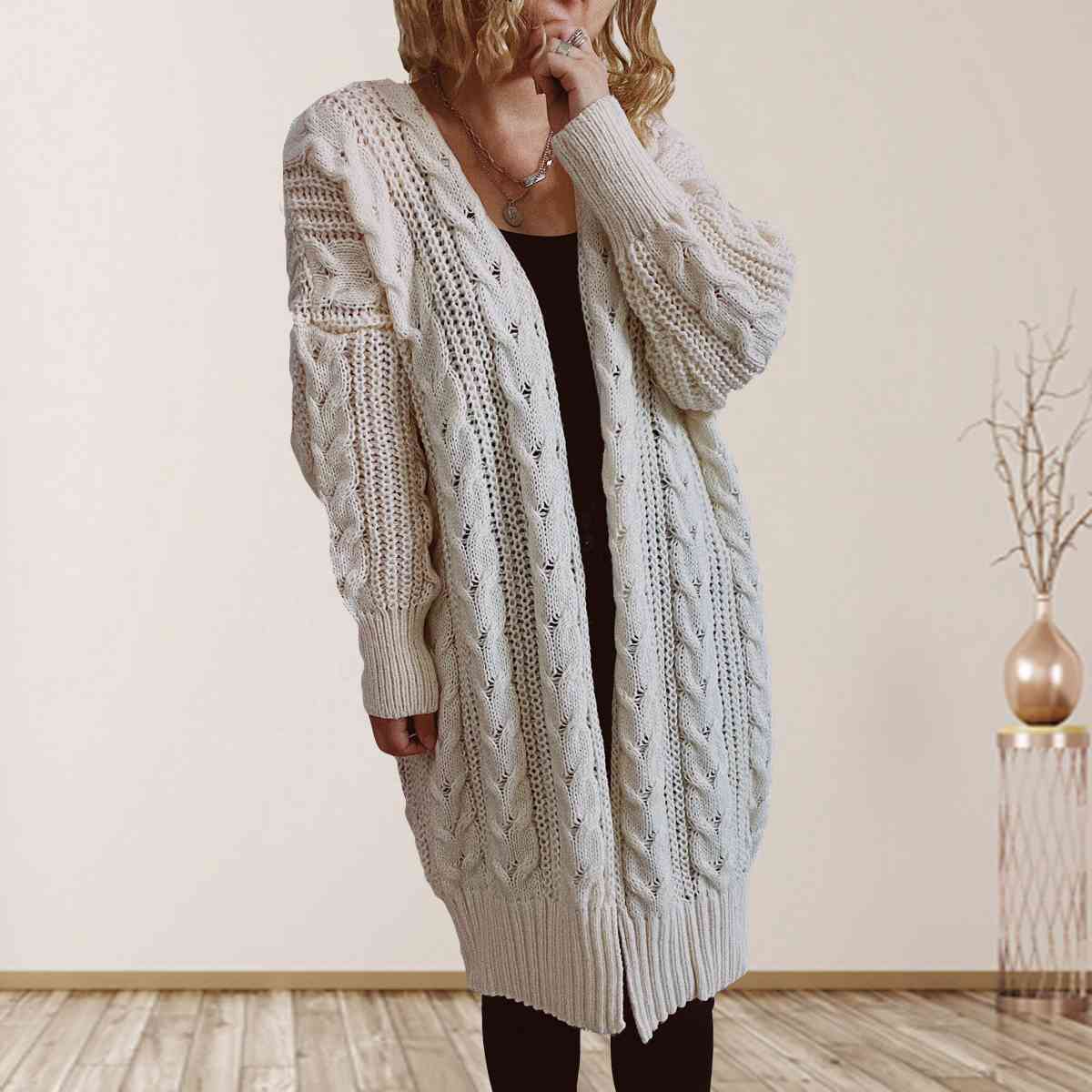 Maxct &Cable-Knit Open Front Dropped Shoulder Cardigan