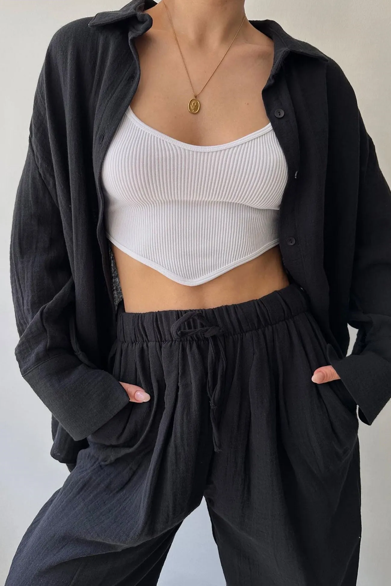 Maxct Lapel Long Sleeve Shirt Strappy Long Pants Suits