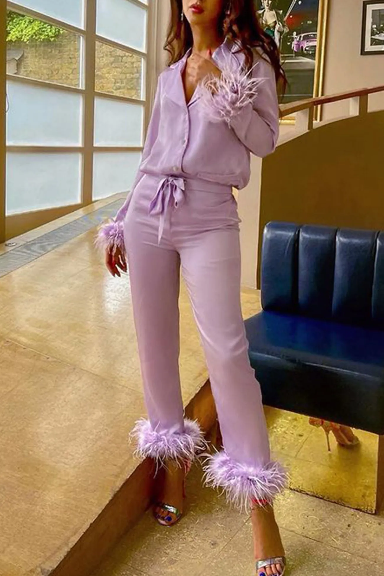 Maxct Lapel Feather Hem Two-piece Pants Set