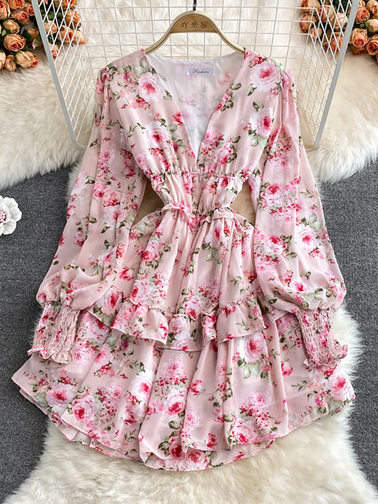 Maxct Women Green/Purple/Beige Floral Chiffon Dress Bohemian V-Neck Lantern Long Sleeve High Waist Ruffle Vestidos Female New