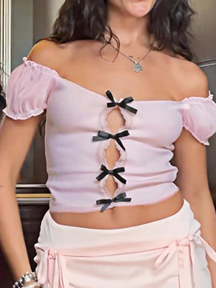 Maxct Cute Bowknot Decor Hollow Out Shirts