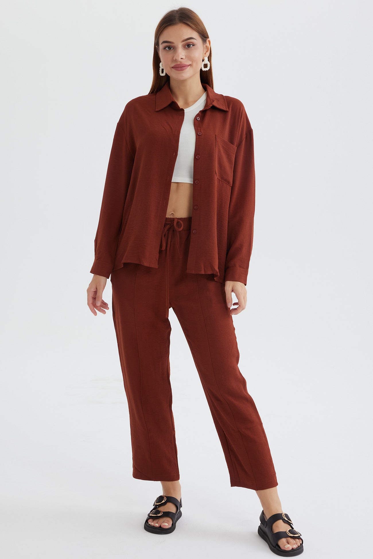 Maxct Long Sleeve Solid Color Shirt Long Pants Set - Image 25
