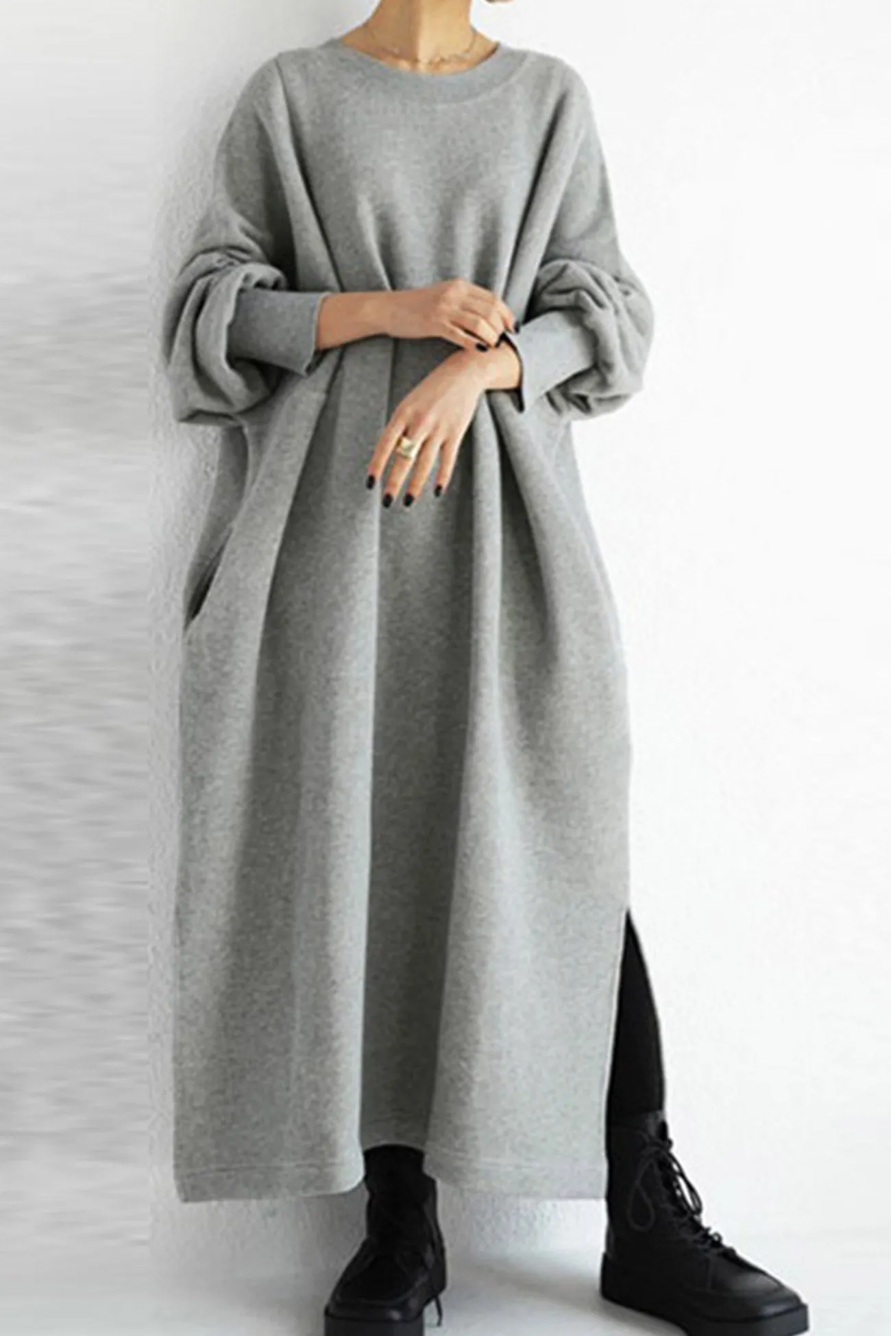 Maxct Solid Crew Neck Slit Sweatshirt Dress