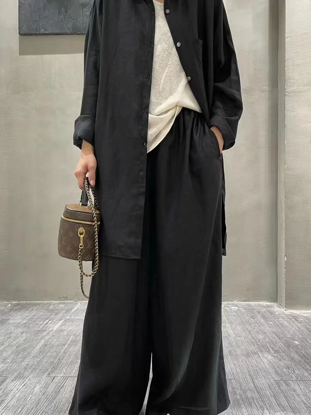 Maxct Retro Cotton Shirt&Wide-Leg Pants 2 Sets Suit