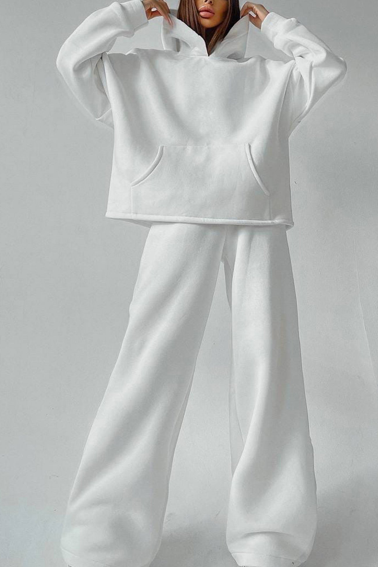 Maxct-Solid Hoodie Wide Leg Long Pants Suits