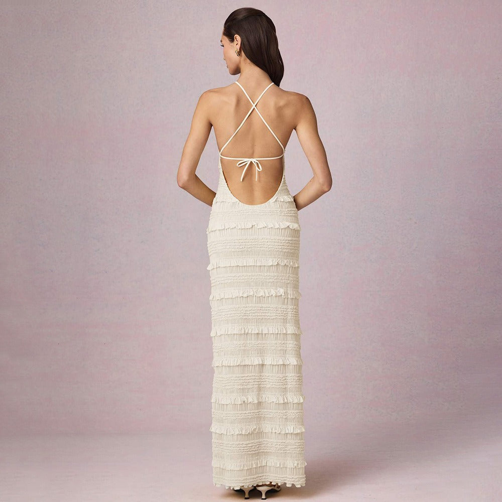 Ruffle Lace Backless Halter Neck Dress Maxct