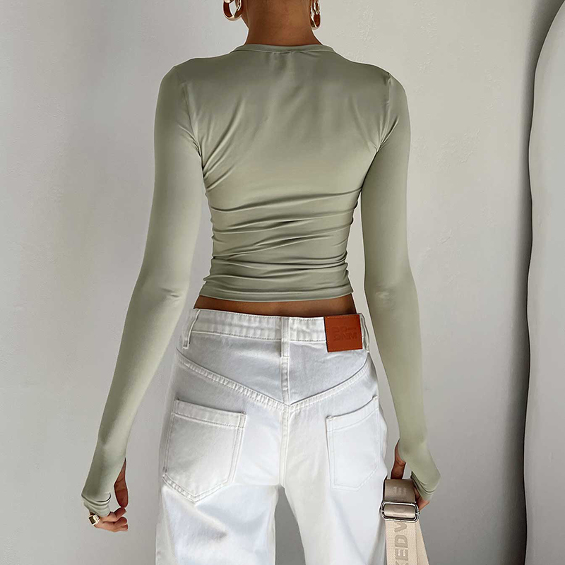 Female Korean Fashion Crop Tops Women Long Sleeve T-Shirts Solid Color O Neck Slim Fit Casual Basic Tees Going Out Outfits