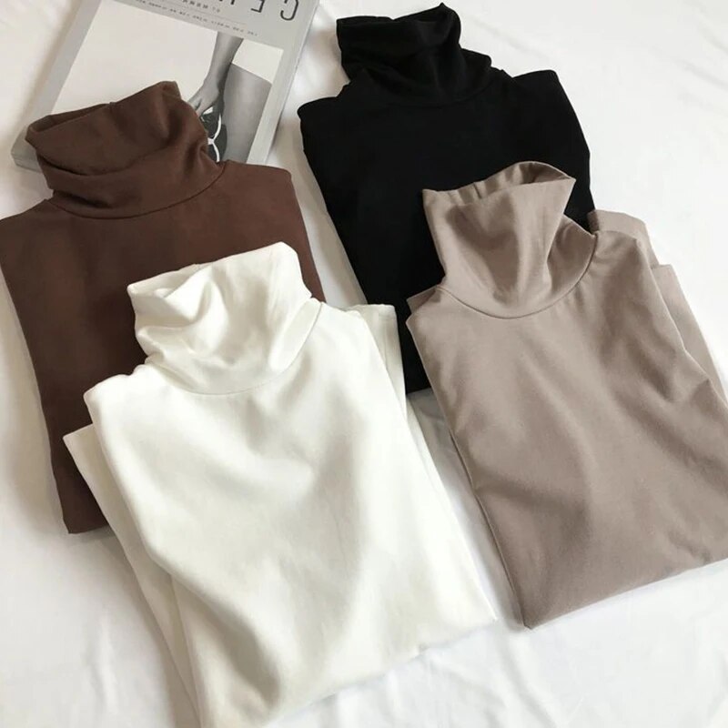 Maxct T-Shirts Women Long Sleeve Striped Solid Turtleneck Bottoming Shirt Korean Fashion All-Match Simple Loose Soft Tops New