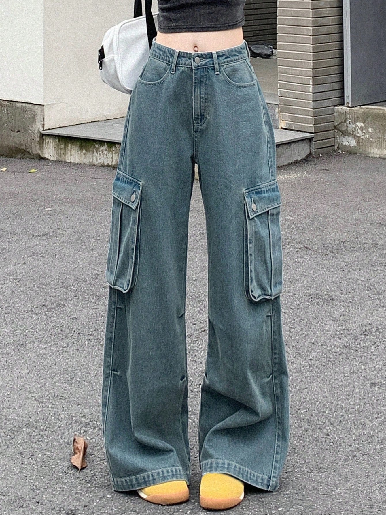 Maxct Women's Wide Leg Denim Pants Loose Fit Cargo Jeans With Pockets