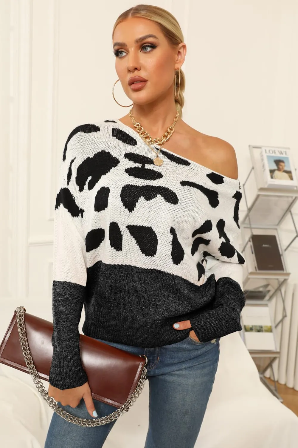 Maxct &Full Size Two-Tone Boat Neck Sweater