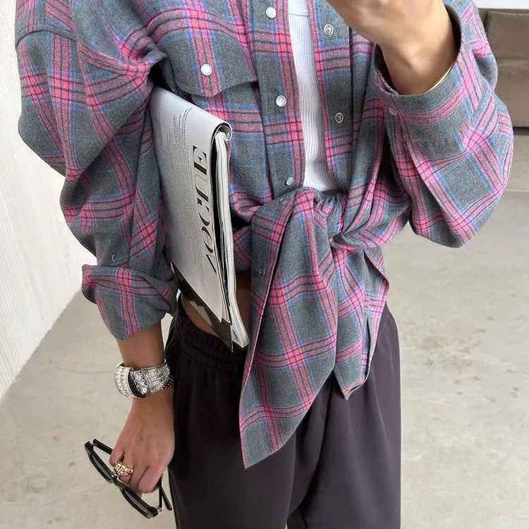 Retro Lapels Lattice Loose Shirt For Women Single-Breasted Long Sleeves Stripe Summer New Casual Versatile Pocket Shirt