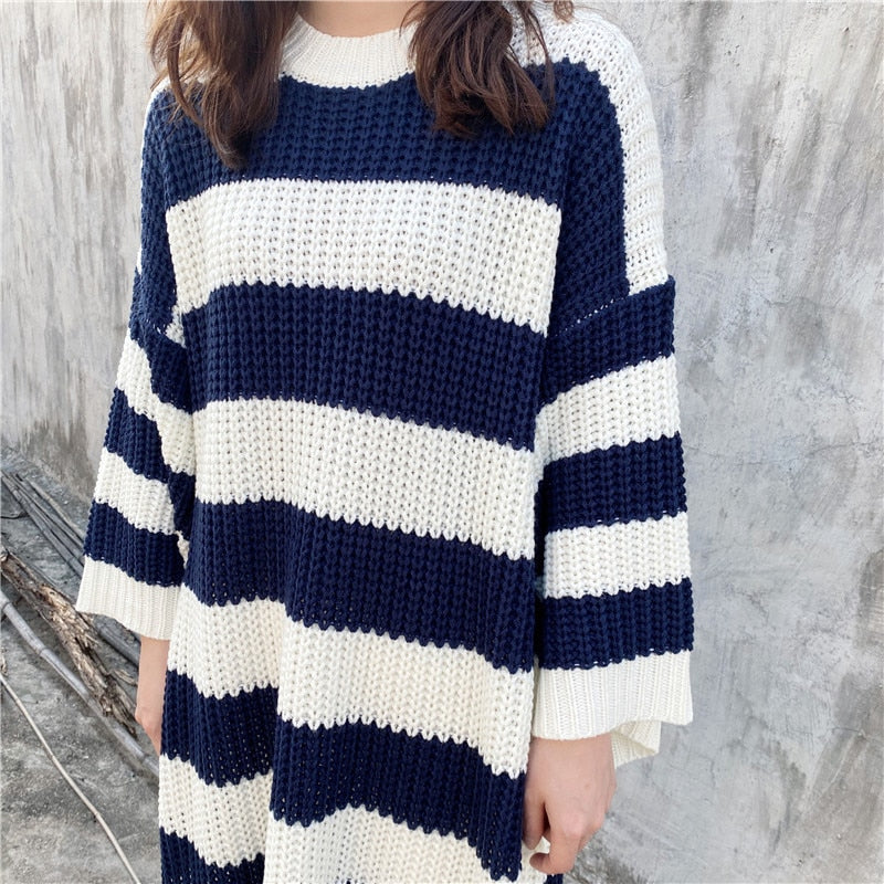 Loose Long Striped Crew Neck Knitted Dress Maxct