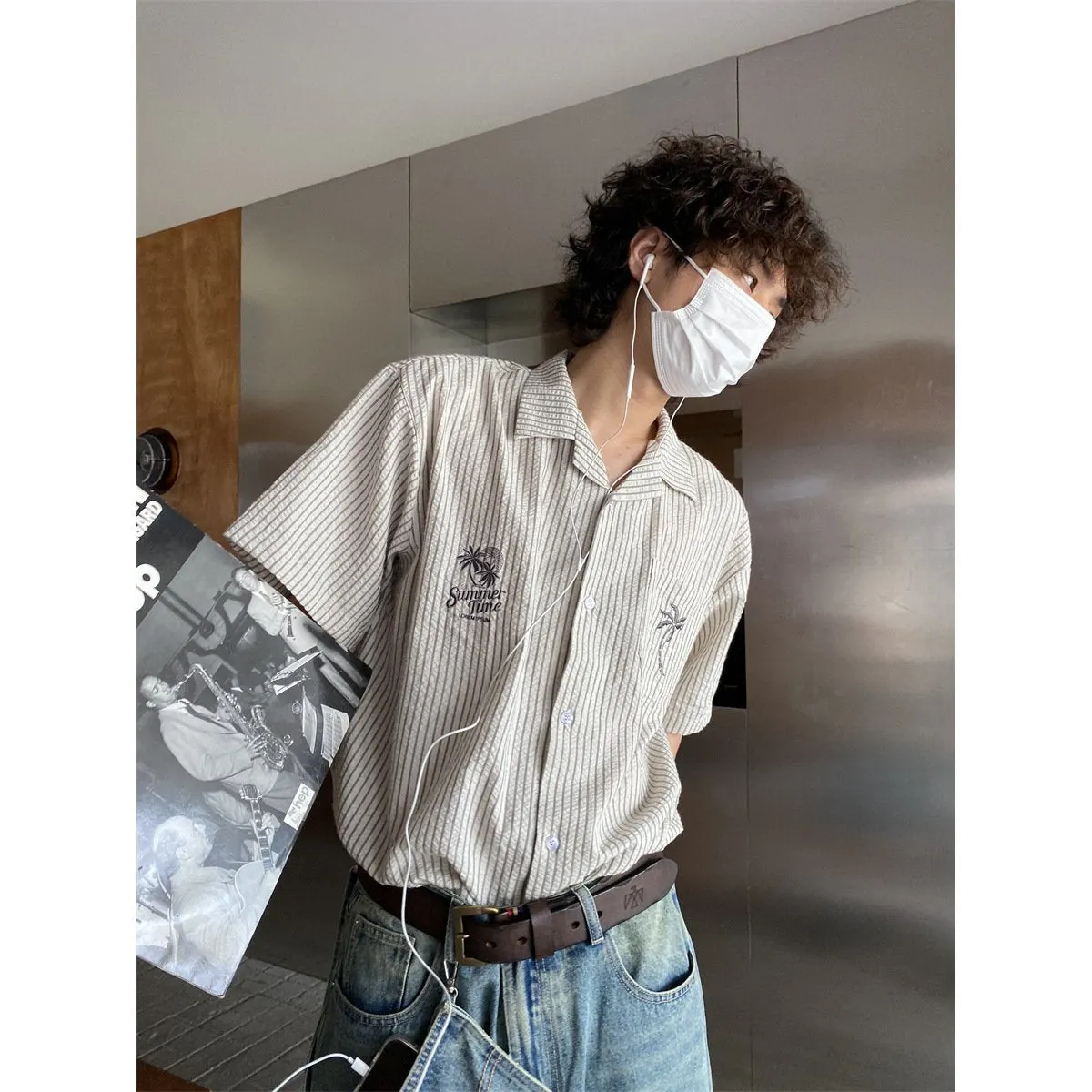 Maxct 90s Streetwear American Style Retro Coconut Tree Embroidered Cuban Collar Striped Short Sleeve Shirt Men's Summer New Lapel Loose Casual Shirt