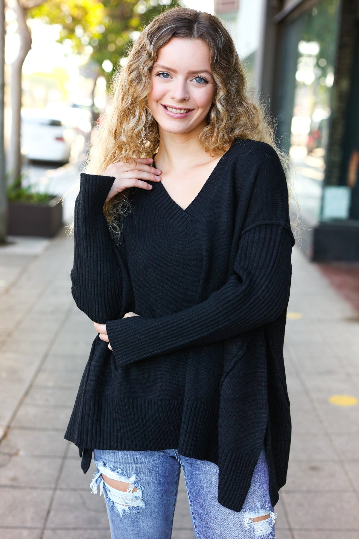 Maxct &Casual Chic Black Oversized V Neck Rib Knit Sweater