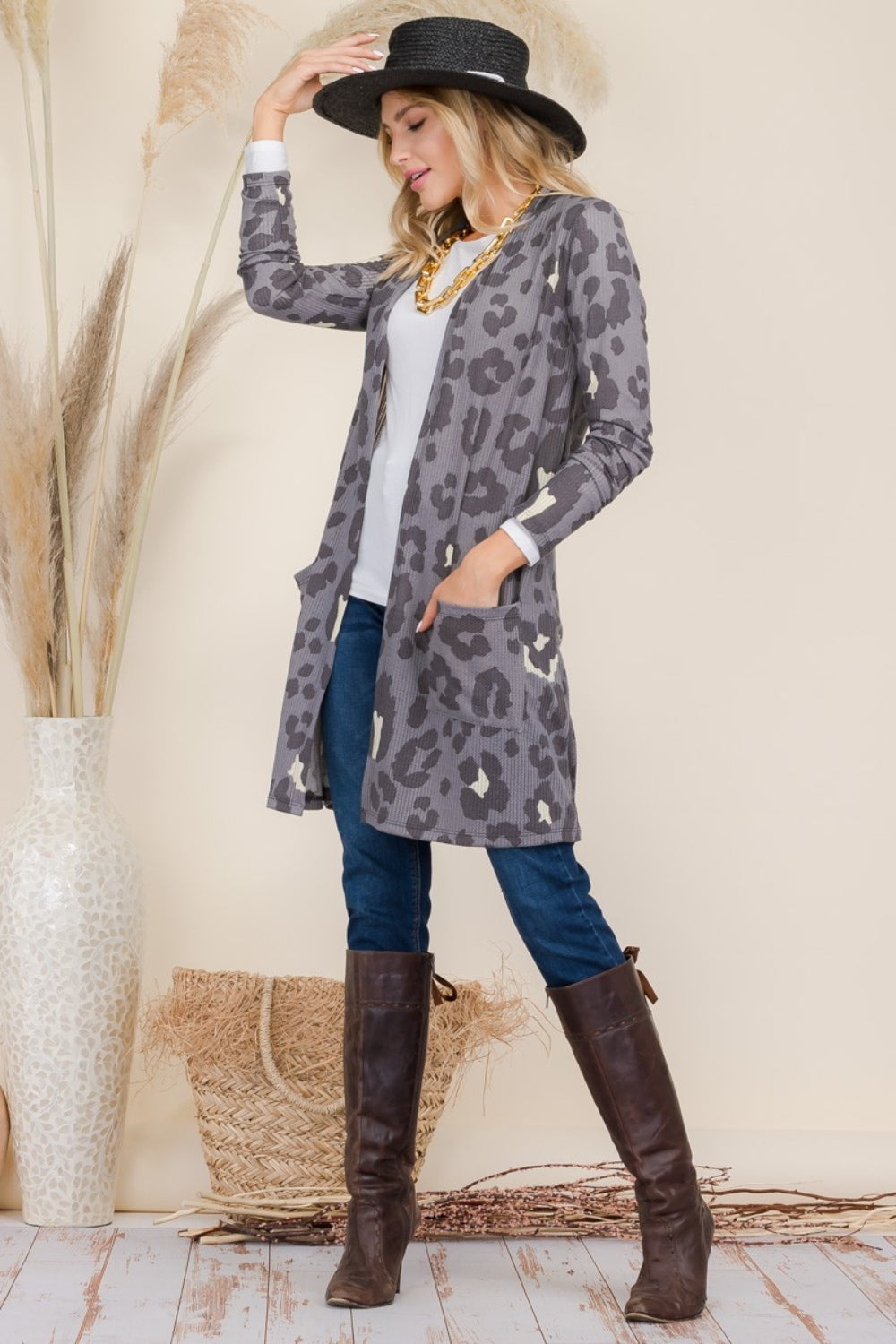 Maxct &Celeste Full Size Leopard Open Front Contrast Cardigan
